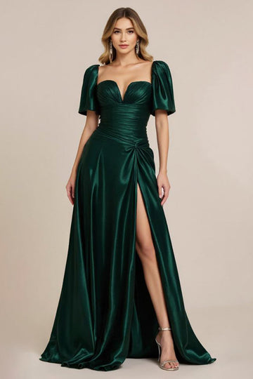 Satin Vert Foncé Une Ligne Ruchée Robe de Bal Avec Fente